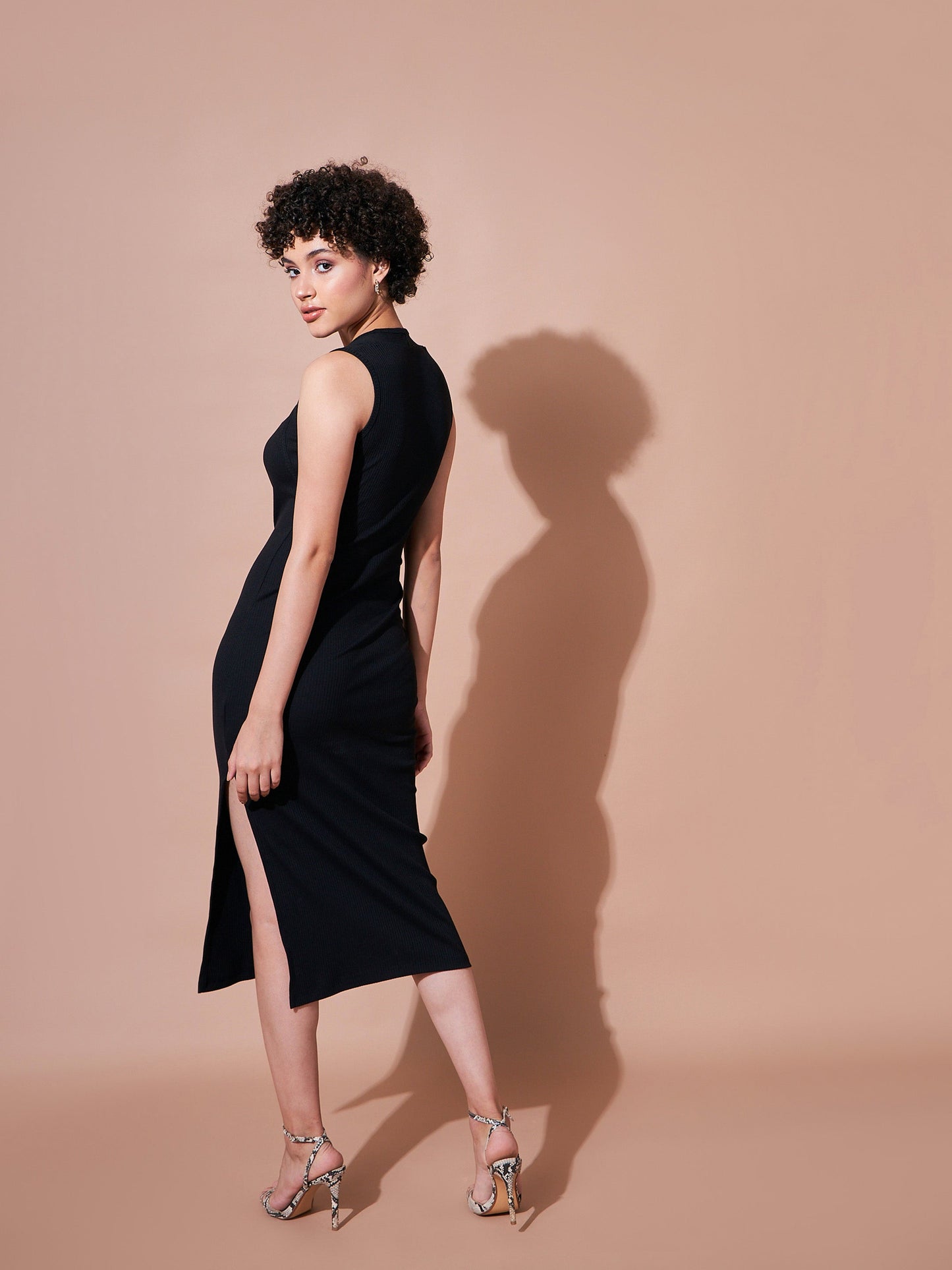 Women Black Rib Side Slit Bodycon Dress