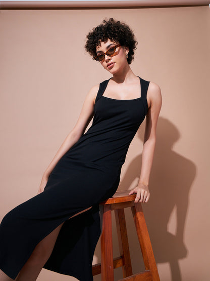 Women Black Rib Side Slit Bodycon Dress