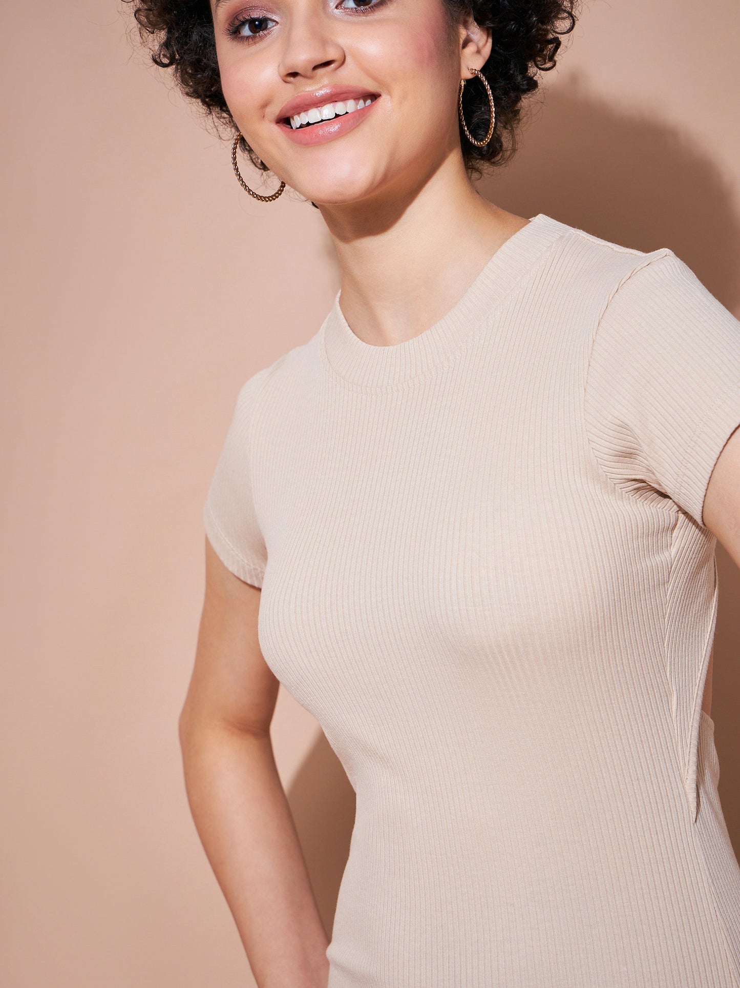 Beige Rib Back Cut Out Bodycon Dress