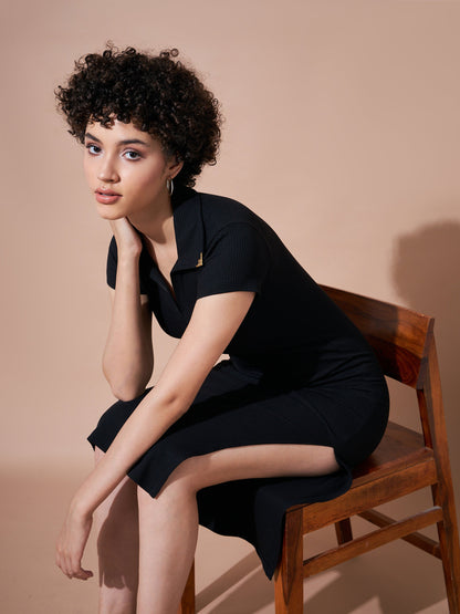 Women Black Rib Polo Collar Tip Bodycon Dress