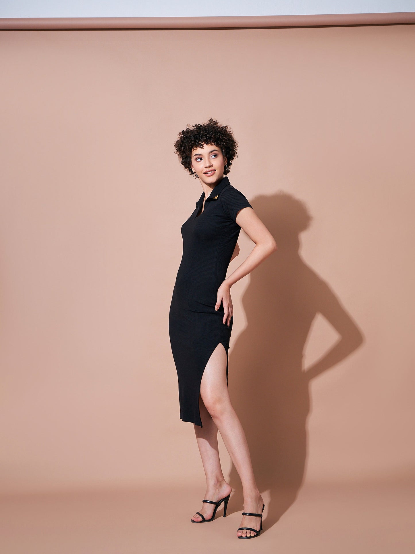 Women Black Rib Polo Collar Tip Bodycon Dress