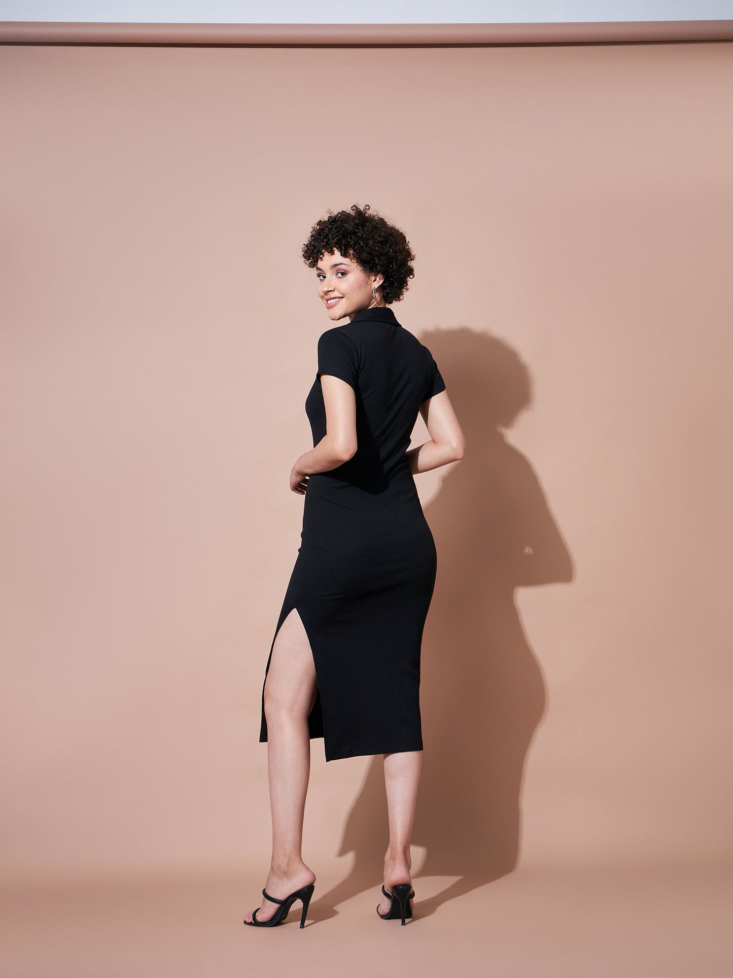 Women Black Rib Polo Collar Tip Bodycon Dress