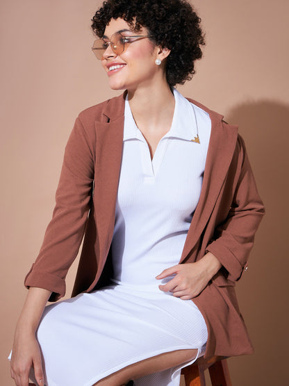 Women White Rib Polo Collar Tip Bodycon Dress