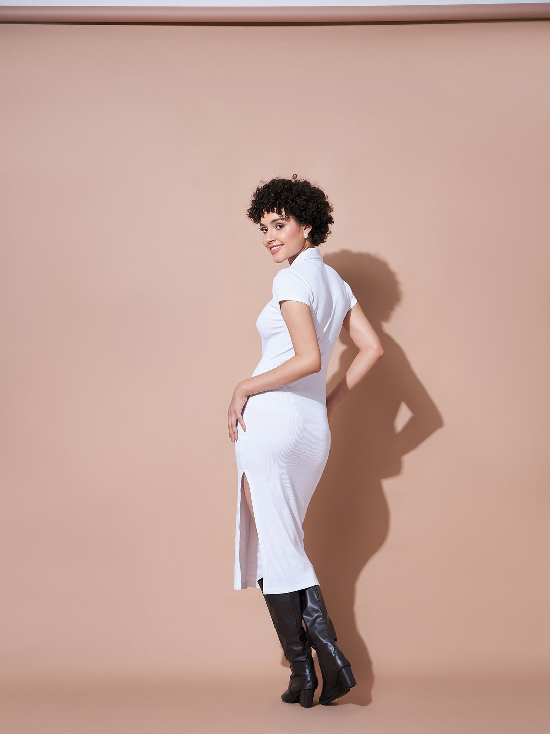 Women White Rib Polo Collar Tip Bodycon Dress