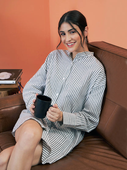 Grey Stripes Seersucker Shirt Dress