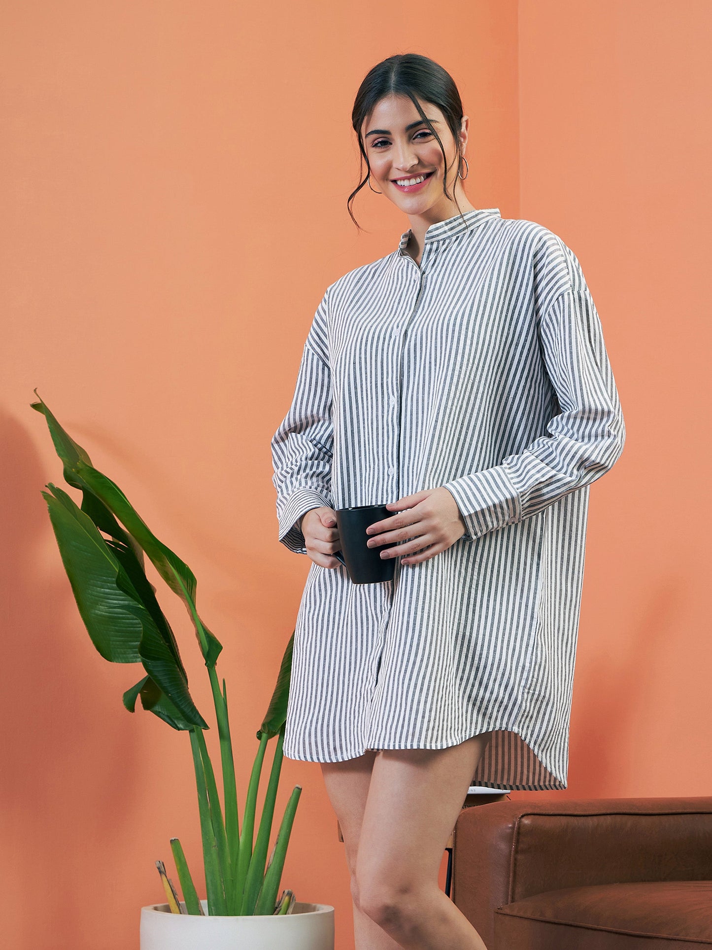 Grey Stripes Seersucker Shirt Dress