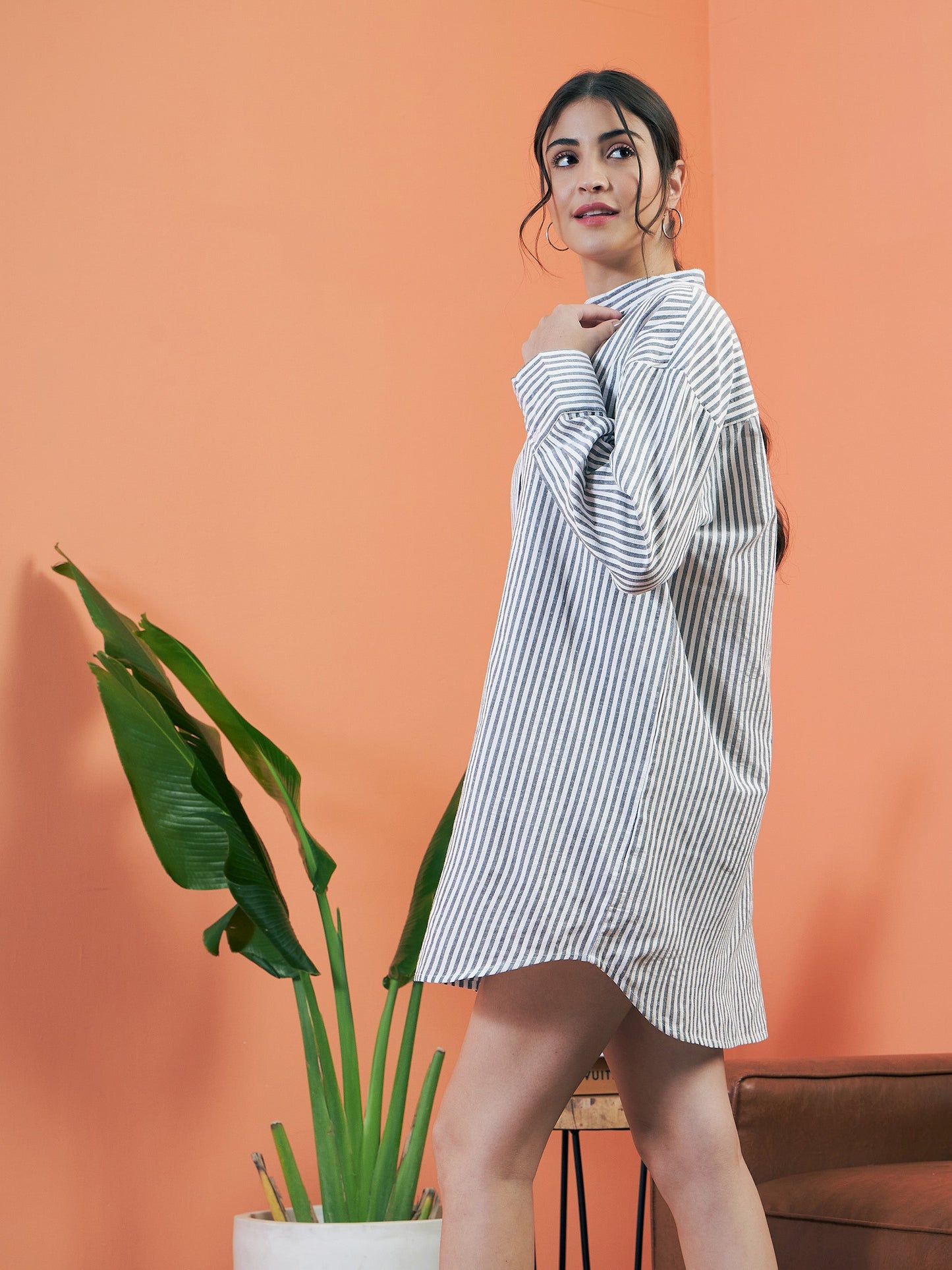 Grey Stripes Seersucker Shirt Dress