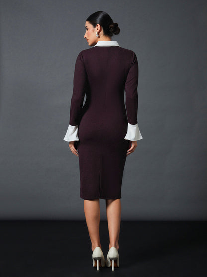 Burgundy Contrast Collar Bodycon Dress