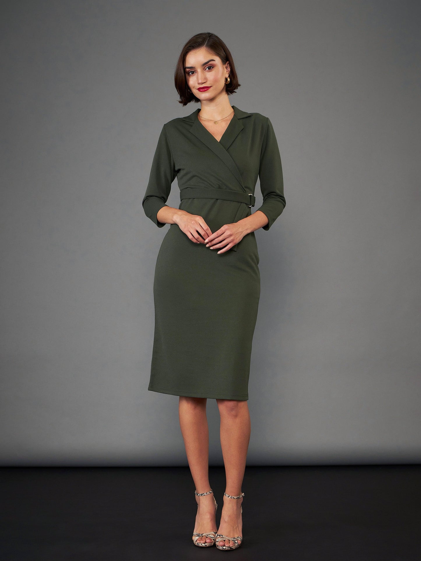 Olive Front Wrap Bodycon Midi Dress