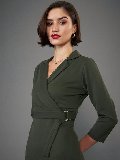 Olive Front Wrap Bodycon Midi Dress