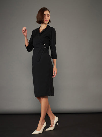 Black Front Wrap Bodycon Midi Dress