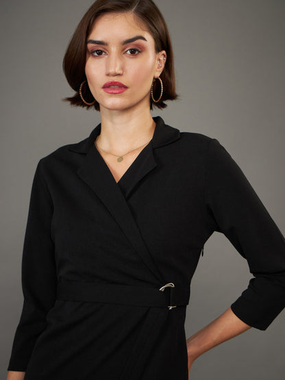 Black Front Wrap Bodycon Midi Dress
