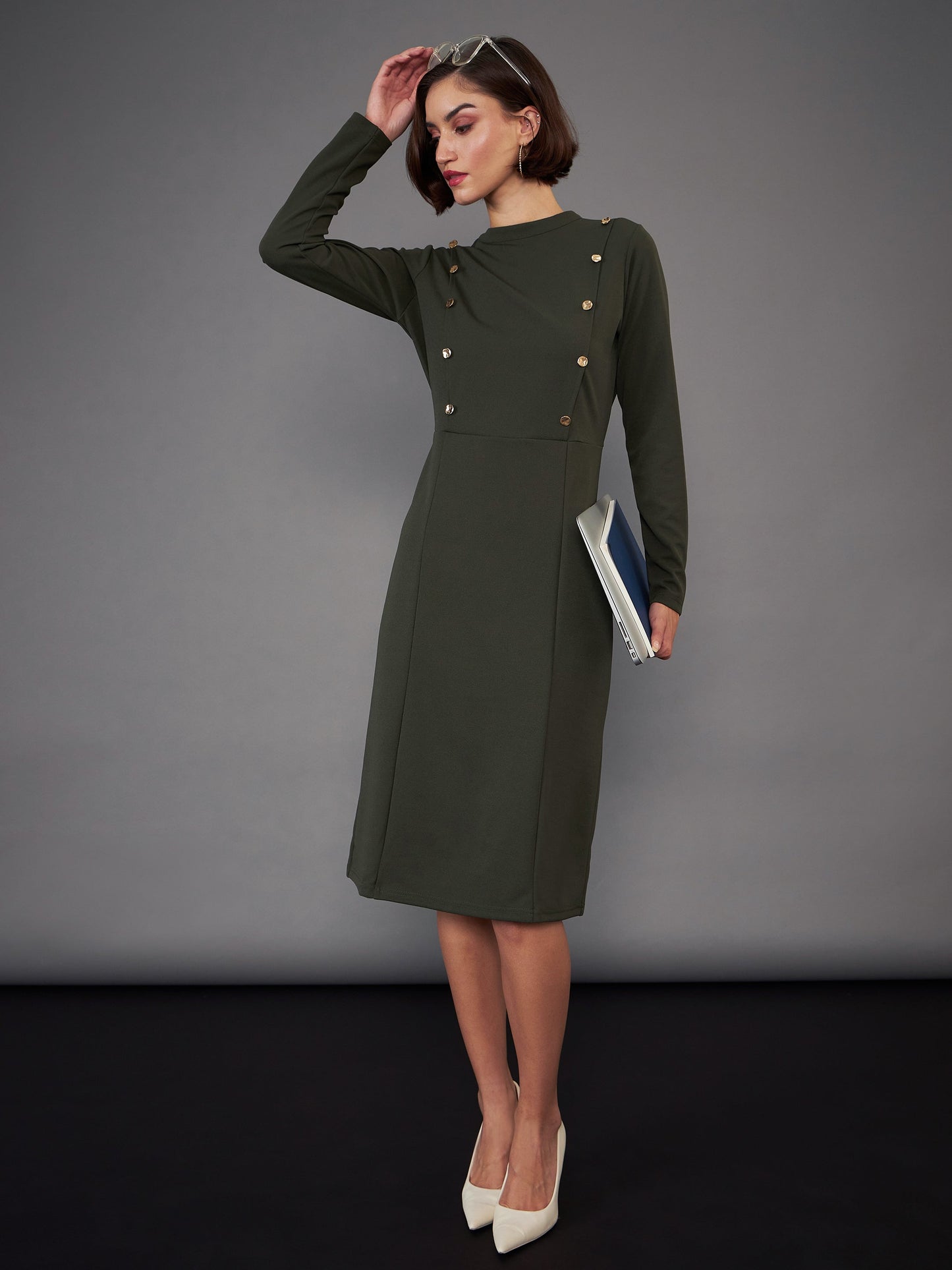 Olive Button Yoke Belted Midi Dress