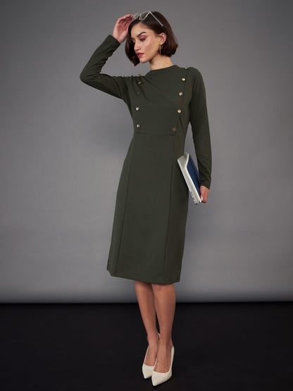 Olive Button Yoke Belted Midi Dress