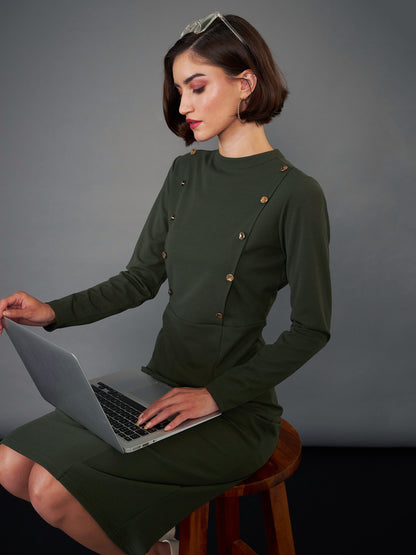 Olive Button Yoke Belted Midi Dress