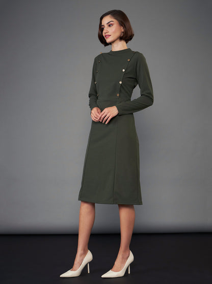 Olive Button Yoke Belted Midi Dress