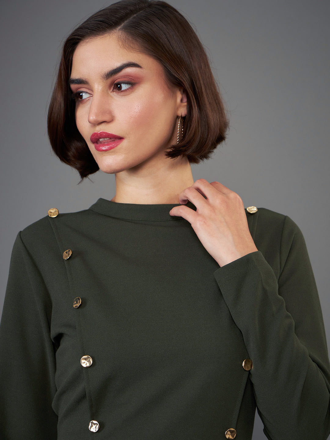 Olive Button Yoke Belted Midi Dress