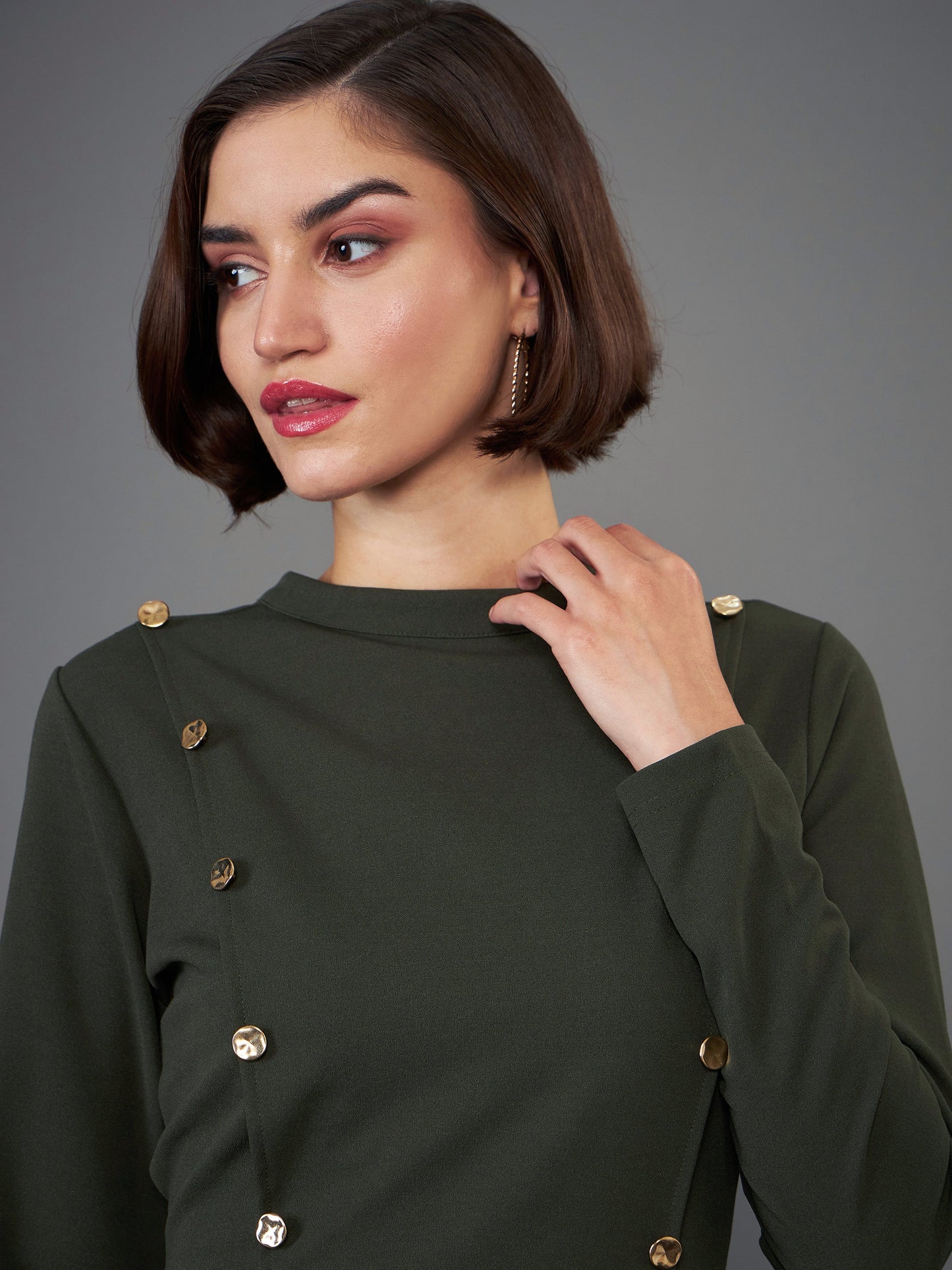 Olive Button Yoke Belted Midi Dress