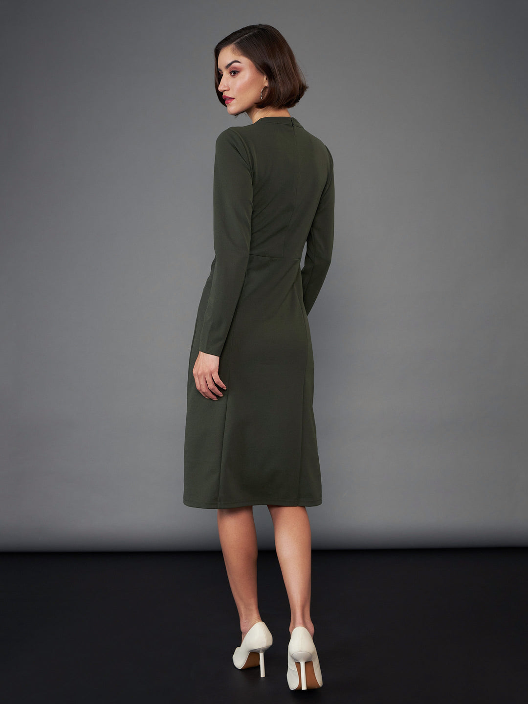 Olive Button Yoke Belted Midi Dress
