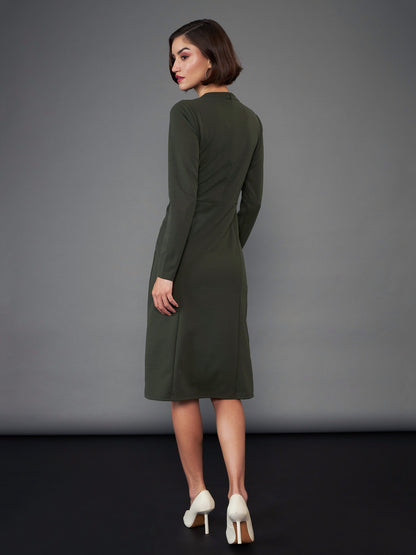 Olive Button Yoke Belted Midi Dress