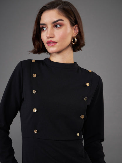 Women Black Button Yoke Belted Midi Dress