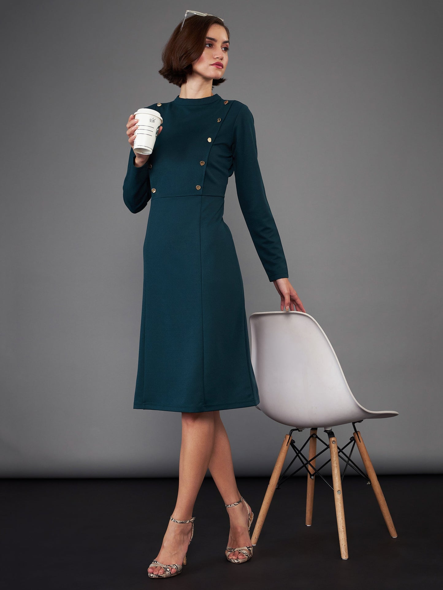 Green Button Yoke Belted Midi Dress