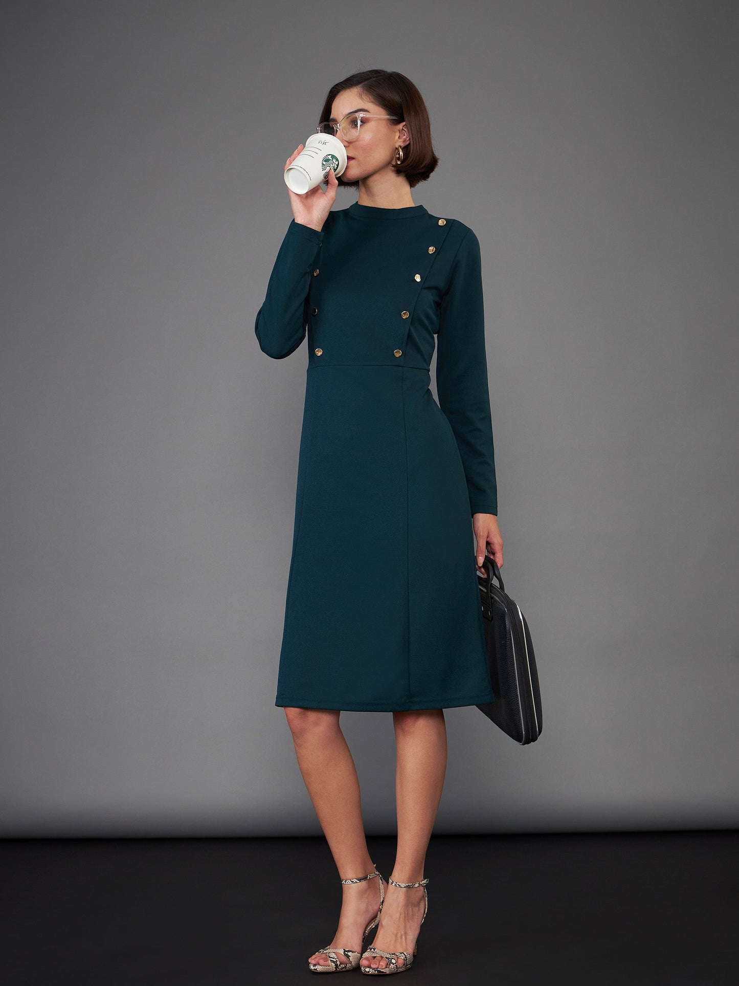 Green Button Yoke Belted Midi Dress