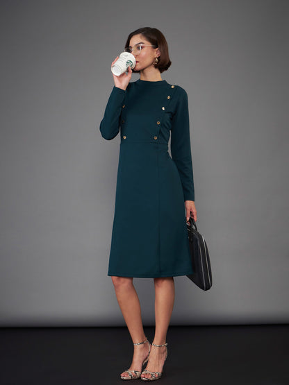 Green Button Yoke Belted Midi Dress