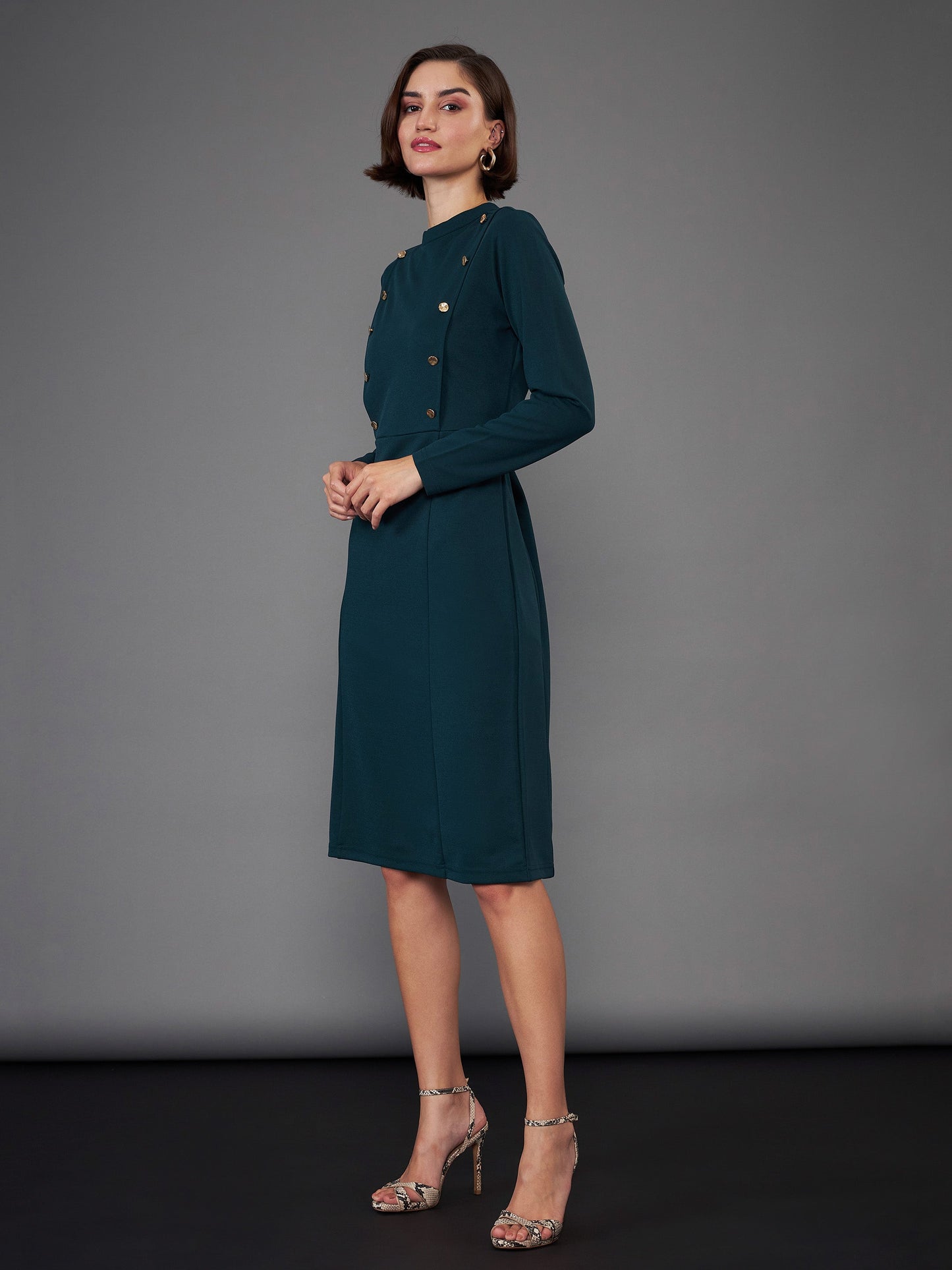 Green Button Yoke Belted Midi Dress