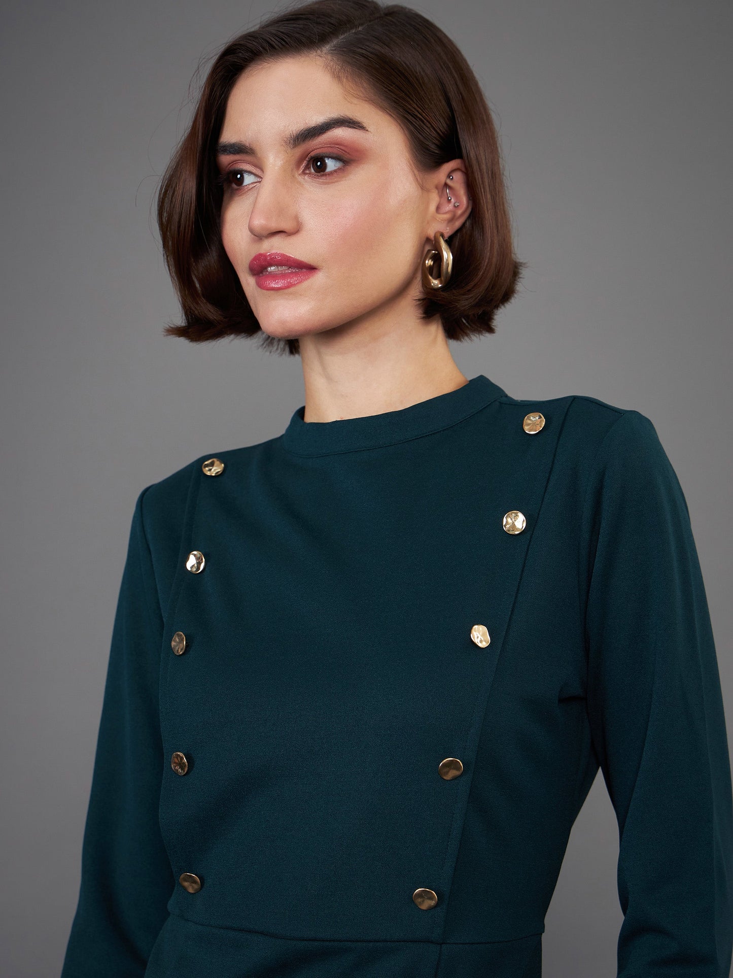 Green Button Yoke Belted Midi Dress