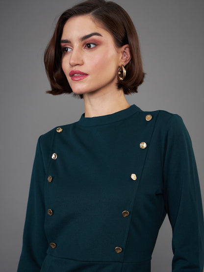 Green Button Yoke Belted Midi Dress