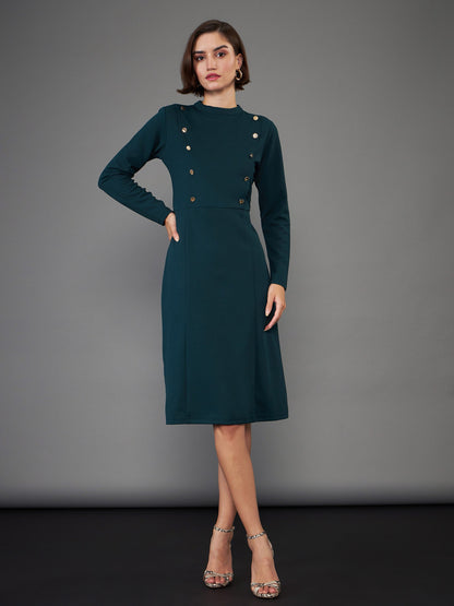 Green Button Yoke Belted Midi Dress