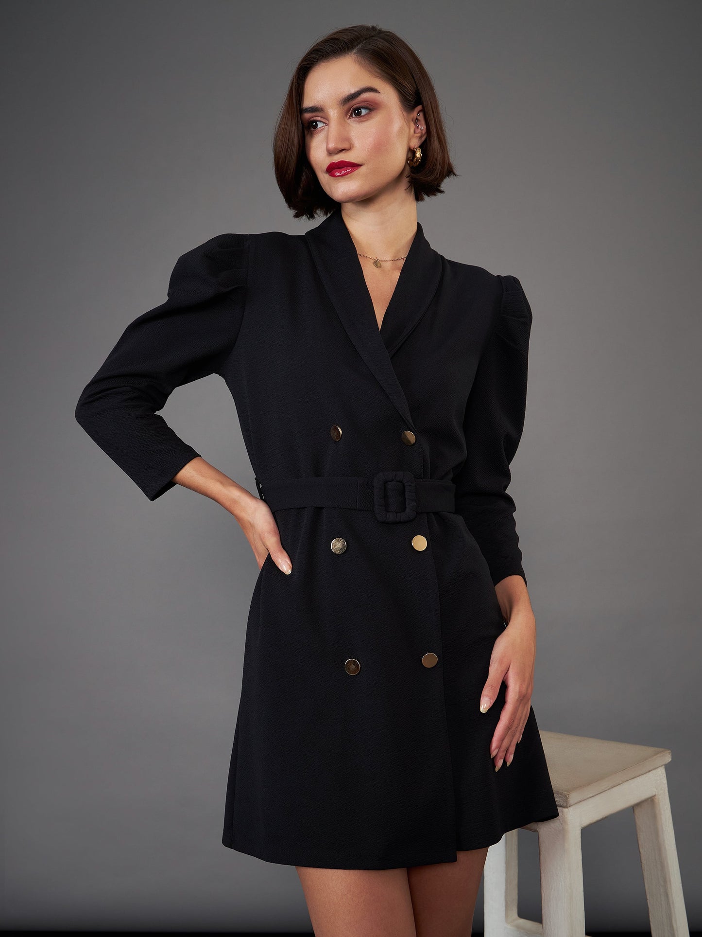Black Puff Sleeves Blazer Dress