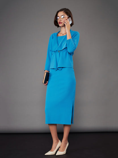 Women Turquoise Strappy Bodycon Dress With Crop Shrug