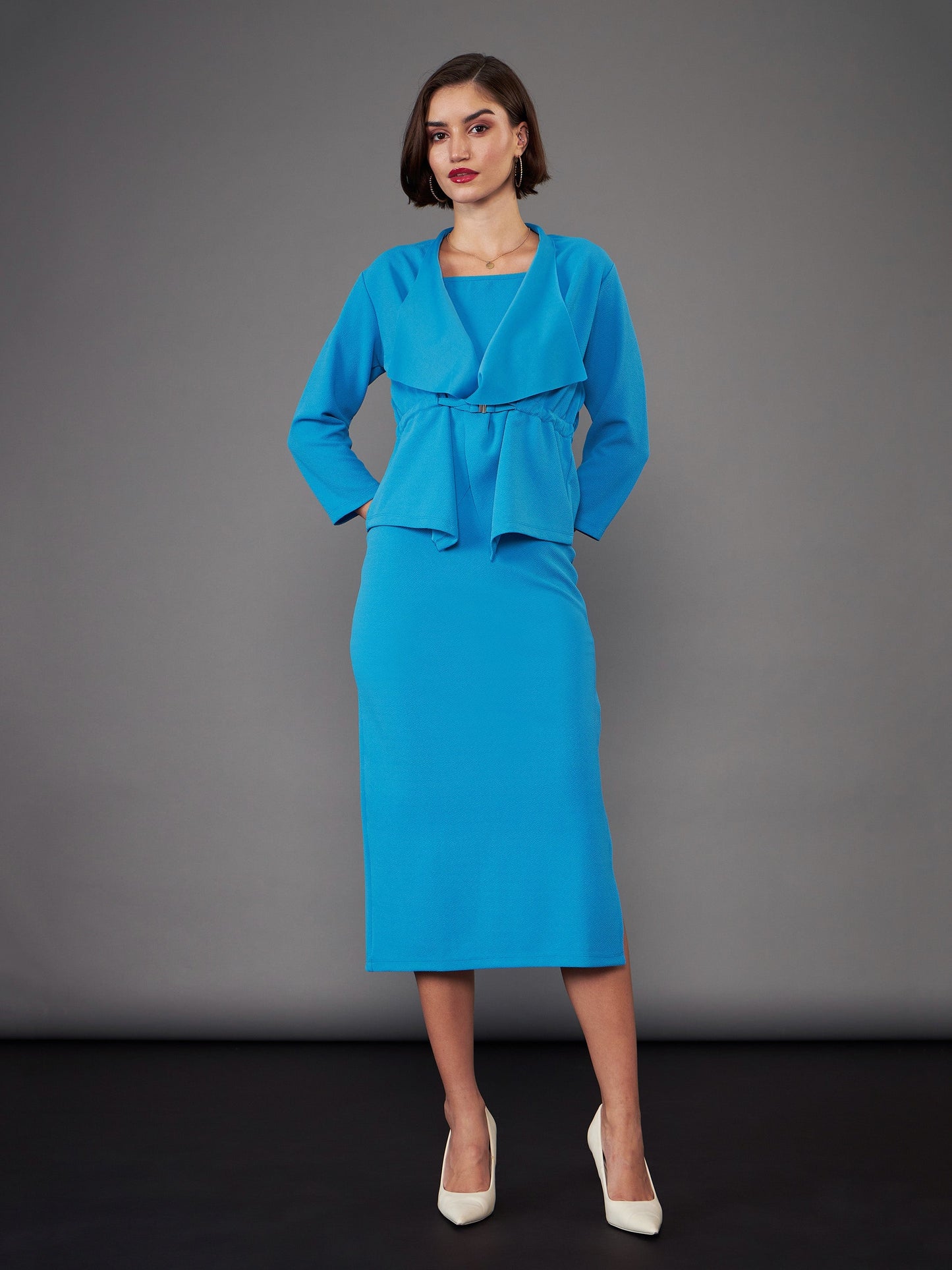 Women Turquoise Strappy Bodycon Dress With Crop Shrug