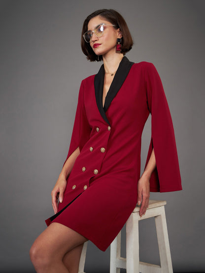 Maroon Cape Sleeves Blazer Dress