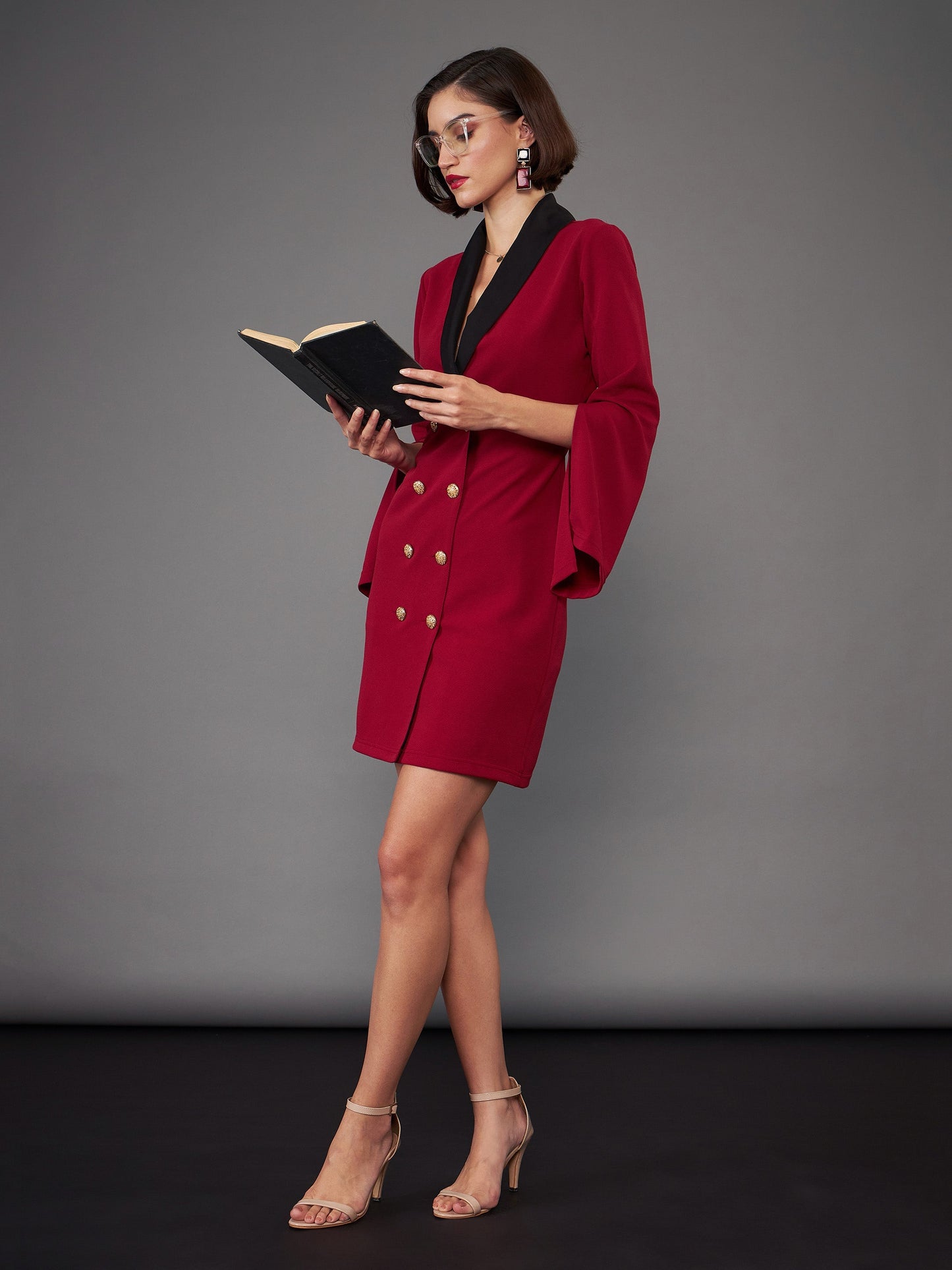 Maroon Cape Sleeves Blazer Dress