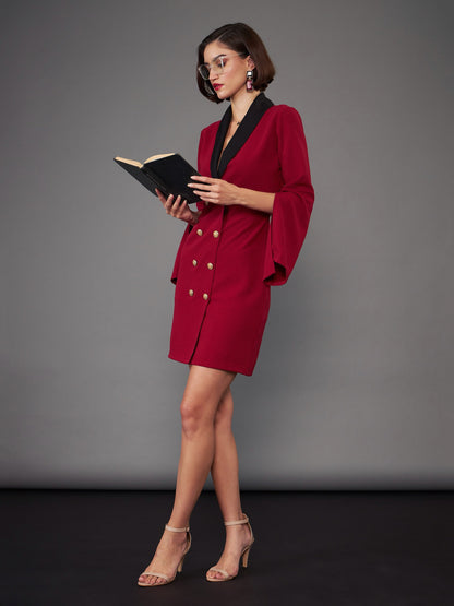 Maroon Cape Sleeves Blazer Dress