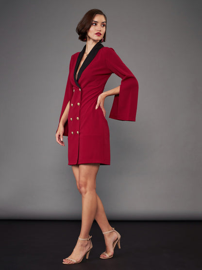 Maroon Cape Sleeves Blazer Dress