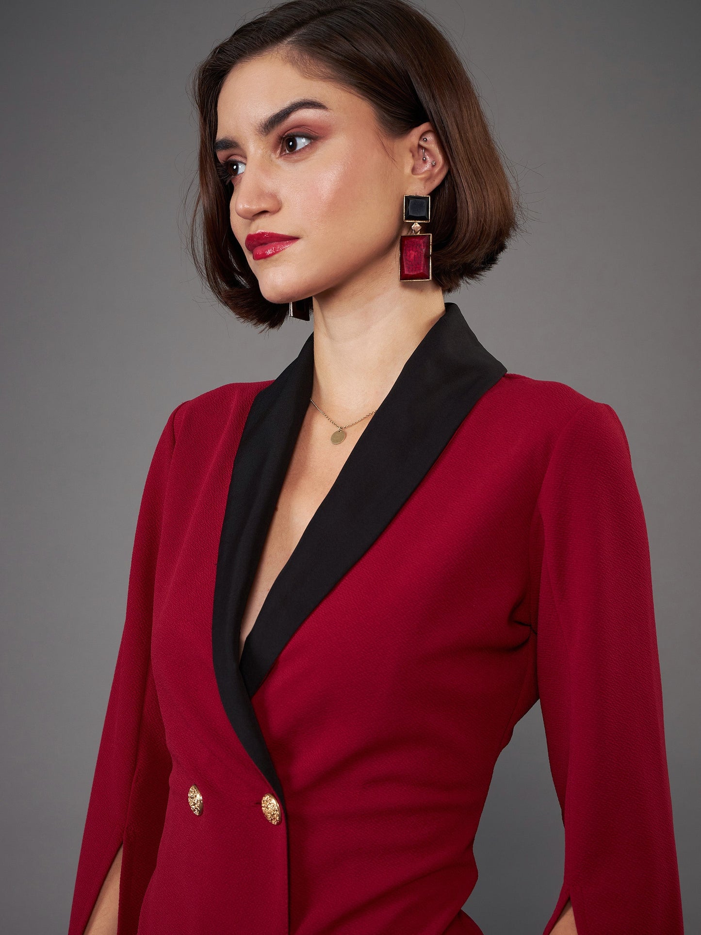 Maroon Cape Sleeves Blazer Dress