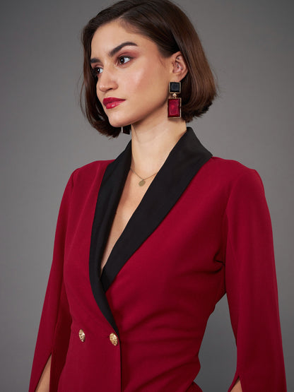 Maroon Cape Sleeves Blazer Dress
