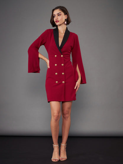Maroon Cape Sleeves Blazer Dress