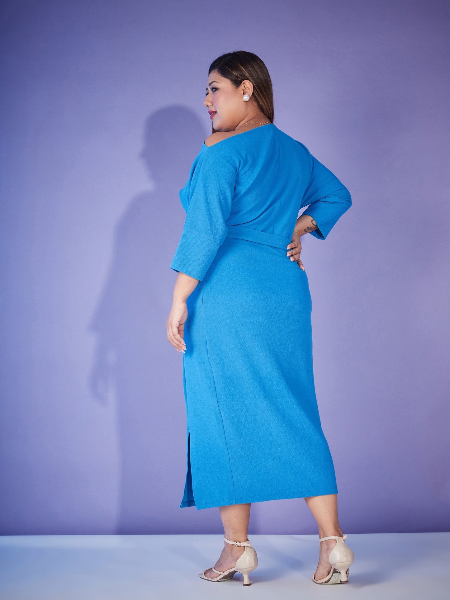 Turquoise Ring-Belt Drop Shoulder Midi Dress
