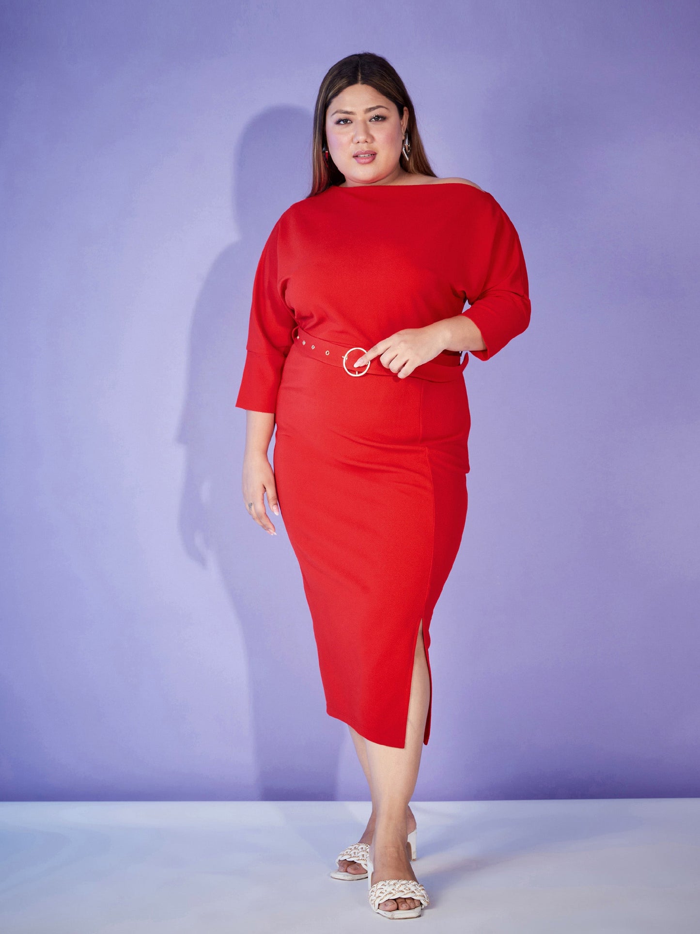 Red Ring-Belt Drop Shoulder Midi Dress