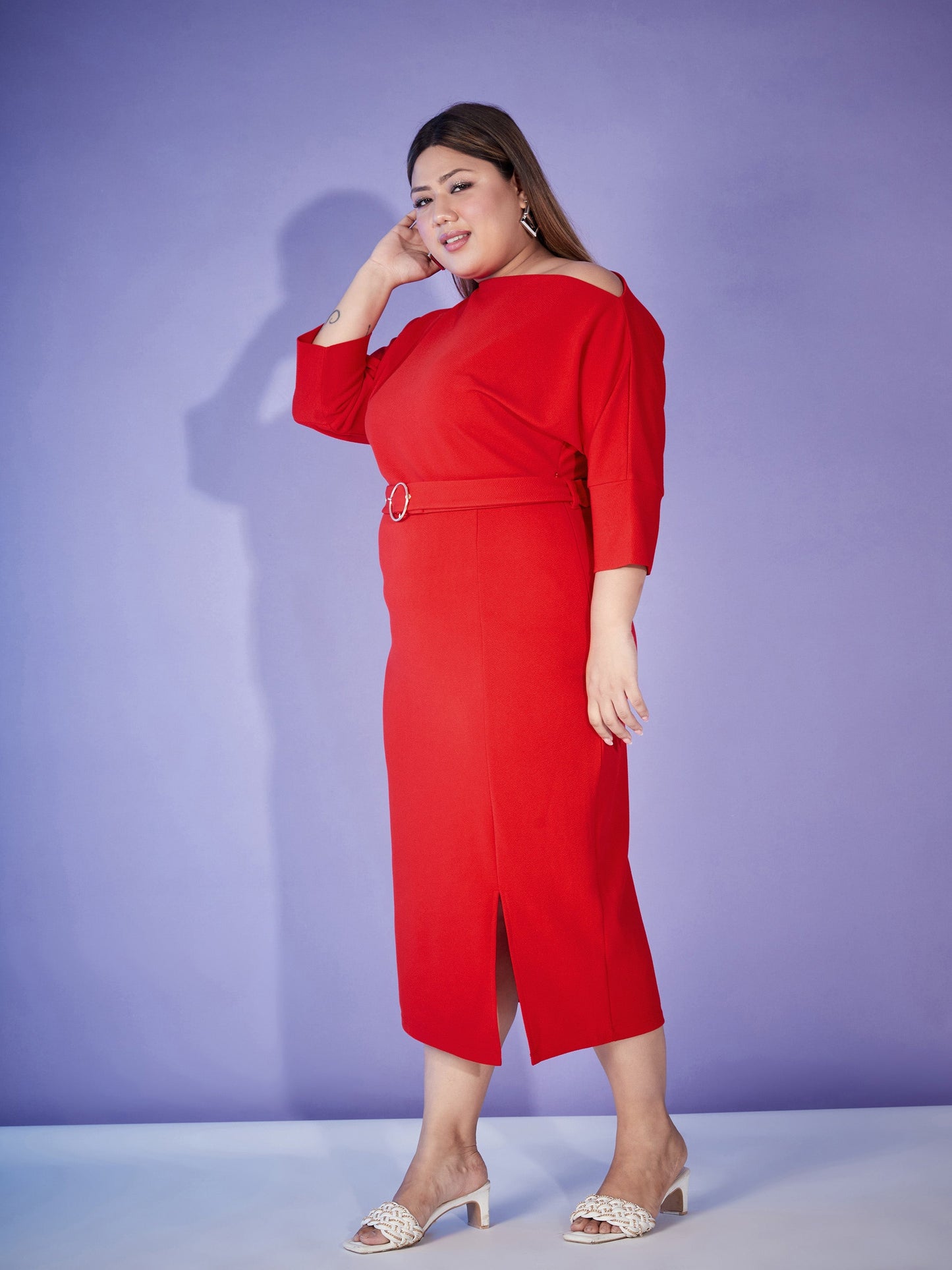 Red Ring-Belt Drop Shoulder Midi Dress
