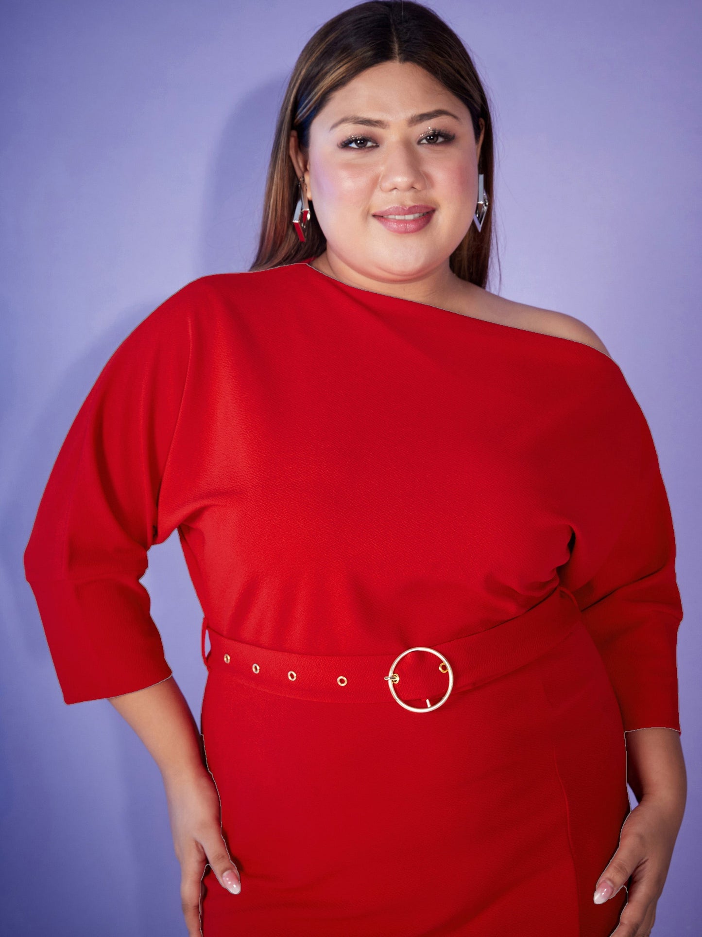 Red Ring-Belt Drop Shoulder Midi Dress