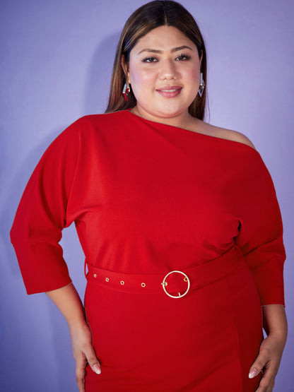 Red Ring-Belt Drop Shoulder Midi Dress