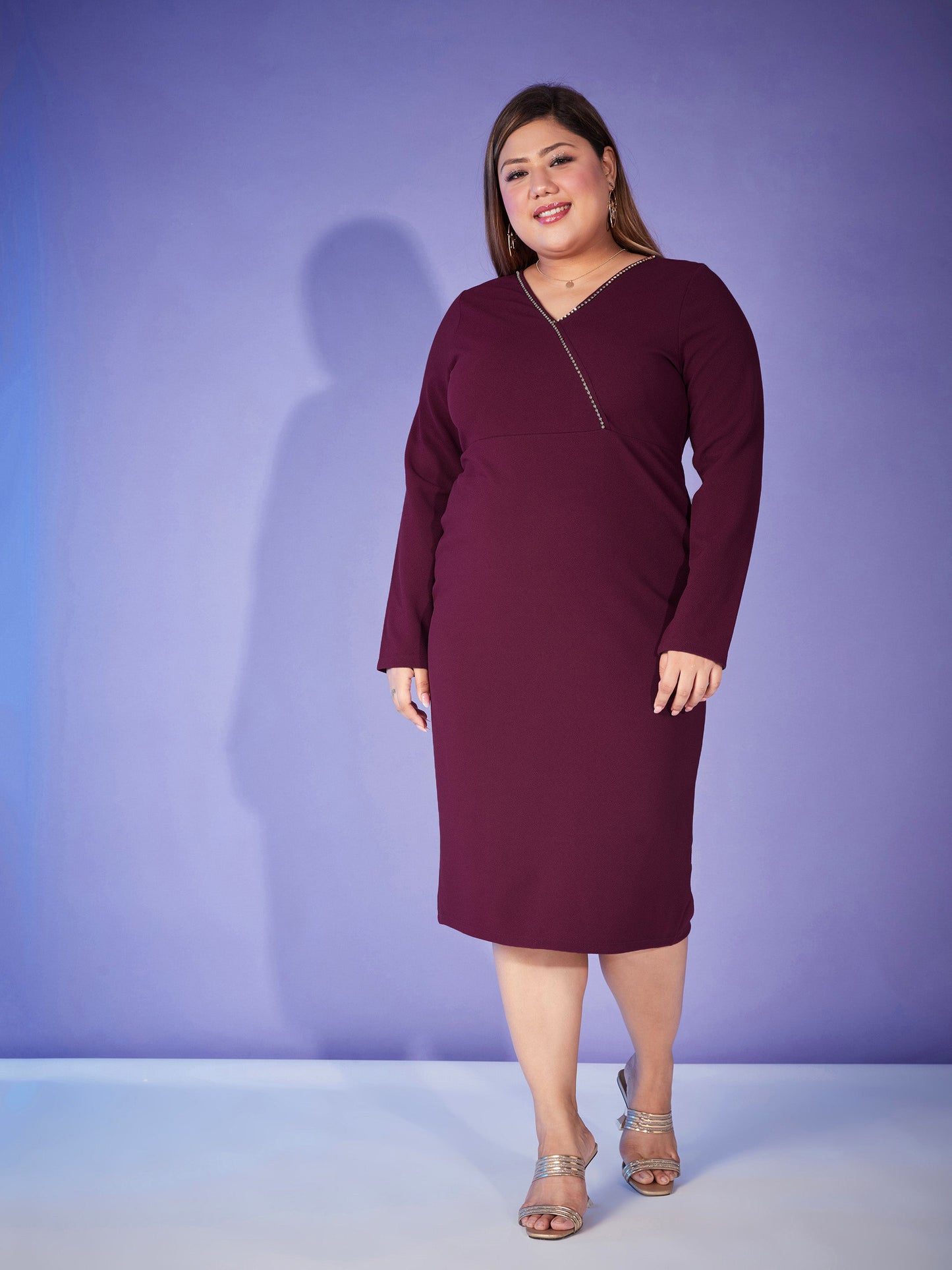 Plus size women's Burgundy Karera Crepe Burgundy Wrap Chain Detail Bodycon Dress by Sassafras Curve for wholesale buyers, boutiques, resellers and