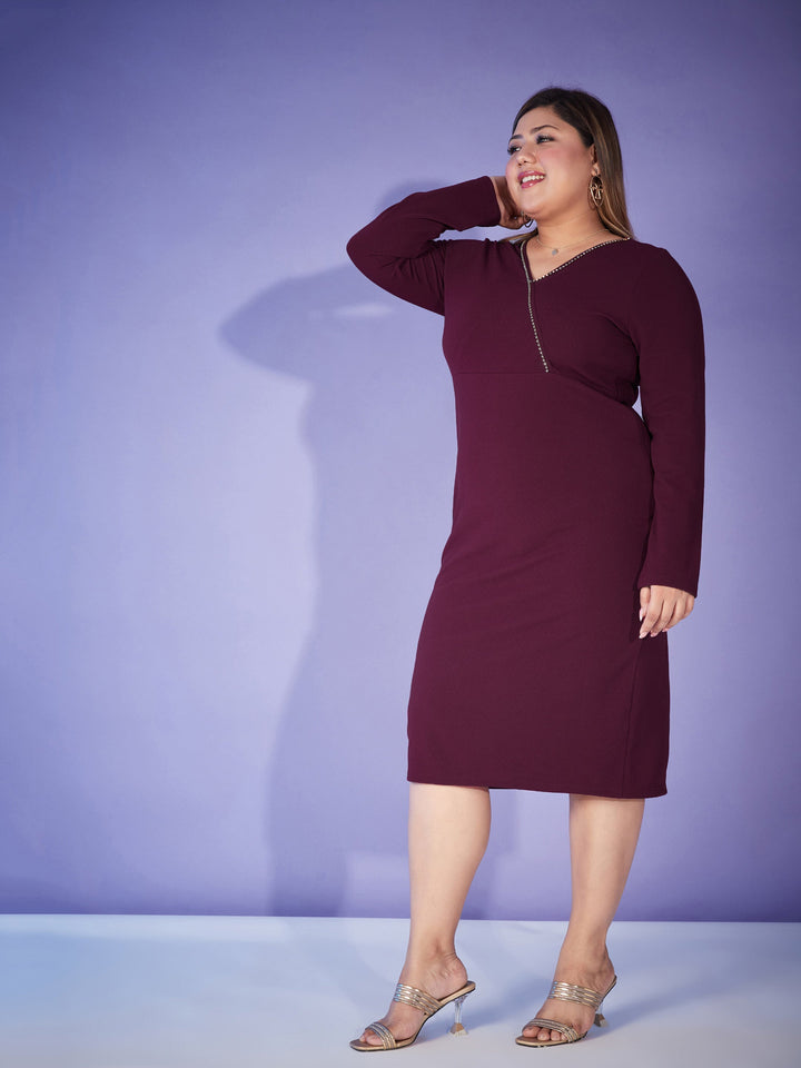 Burgundy Wrap Chain Detail Bodycon Dress-SASSAFRAS Curve