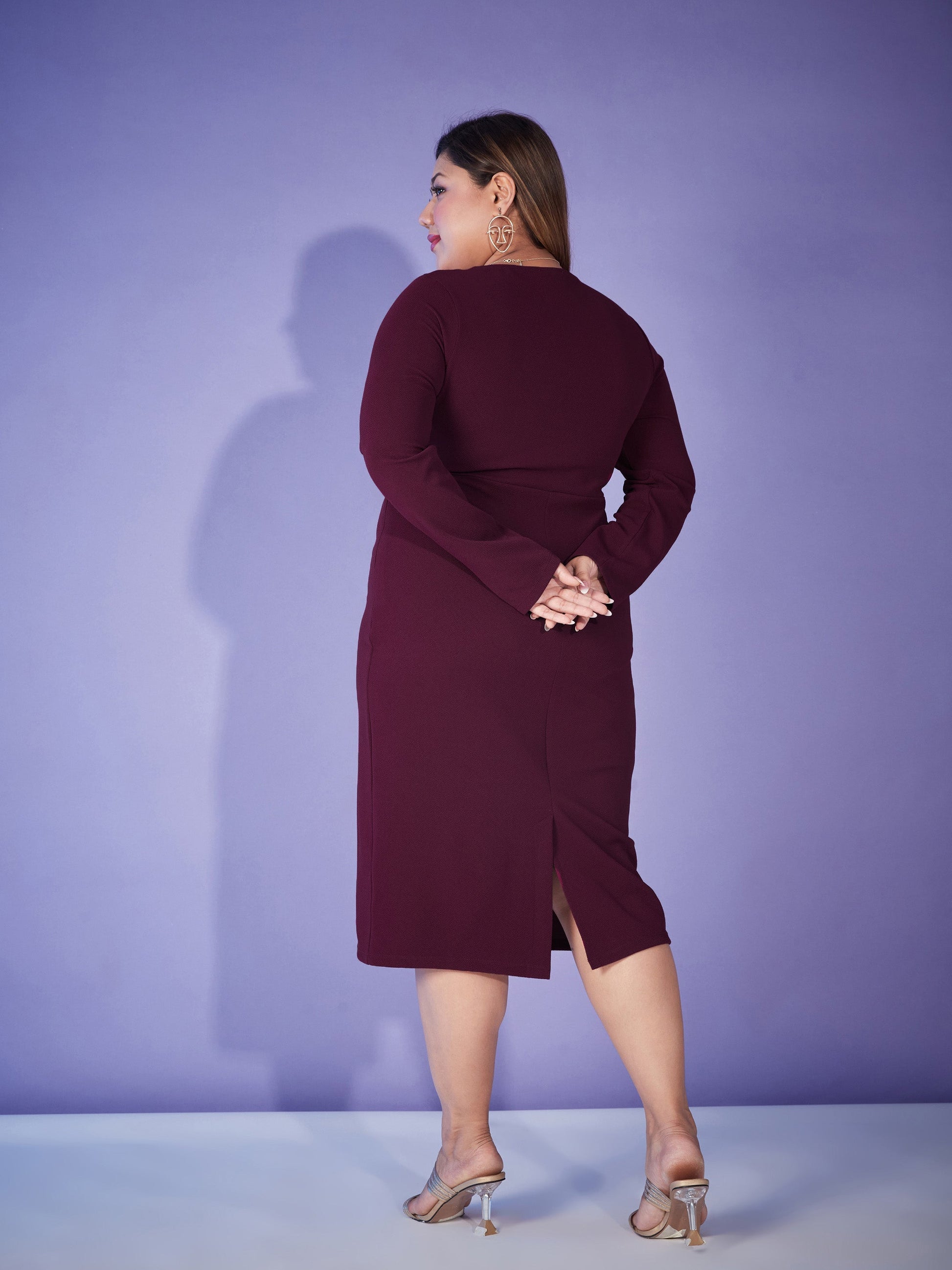 Burgundy Wrap Chain Detail Bodycon Dress-SASSAFRAS Curve